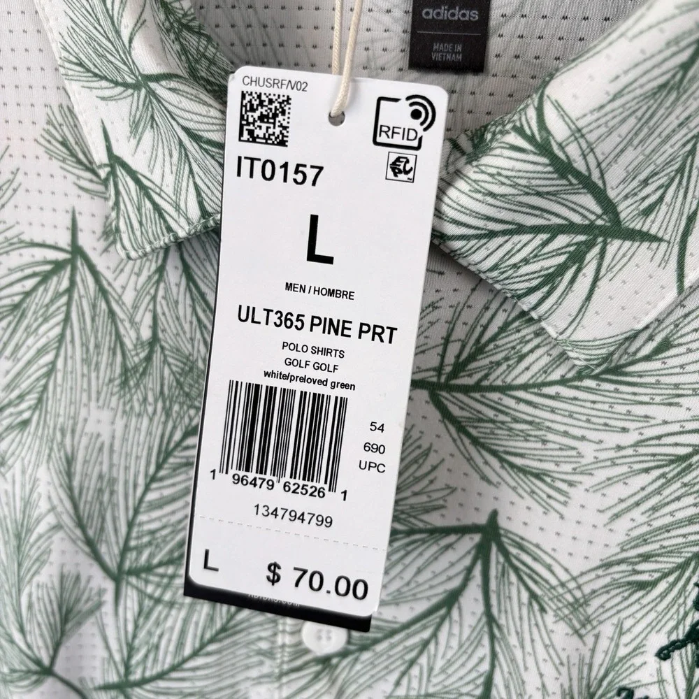 NEW Adidas Polo Golf Shirt Mens Large White Green Pine Needle Print Vented *Logo